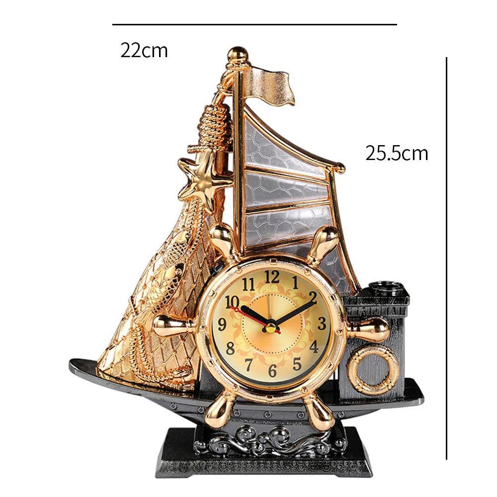 Gold or silver fashion bedroom alarm clock with plastic construction on wooden desk