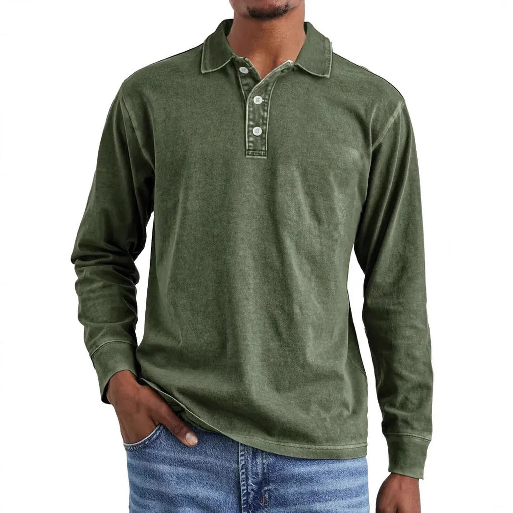 Men's retro washed distressed cotton lapel collar long sleeve polo shirt in army green