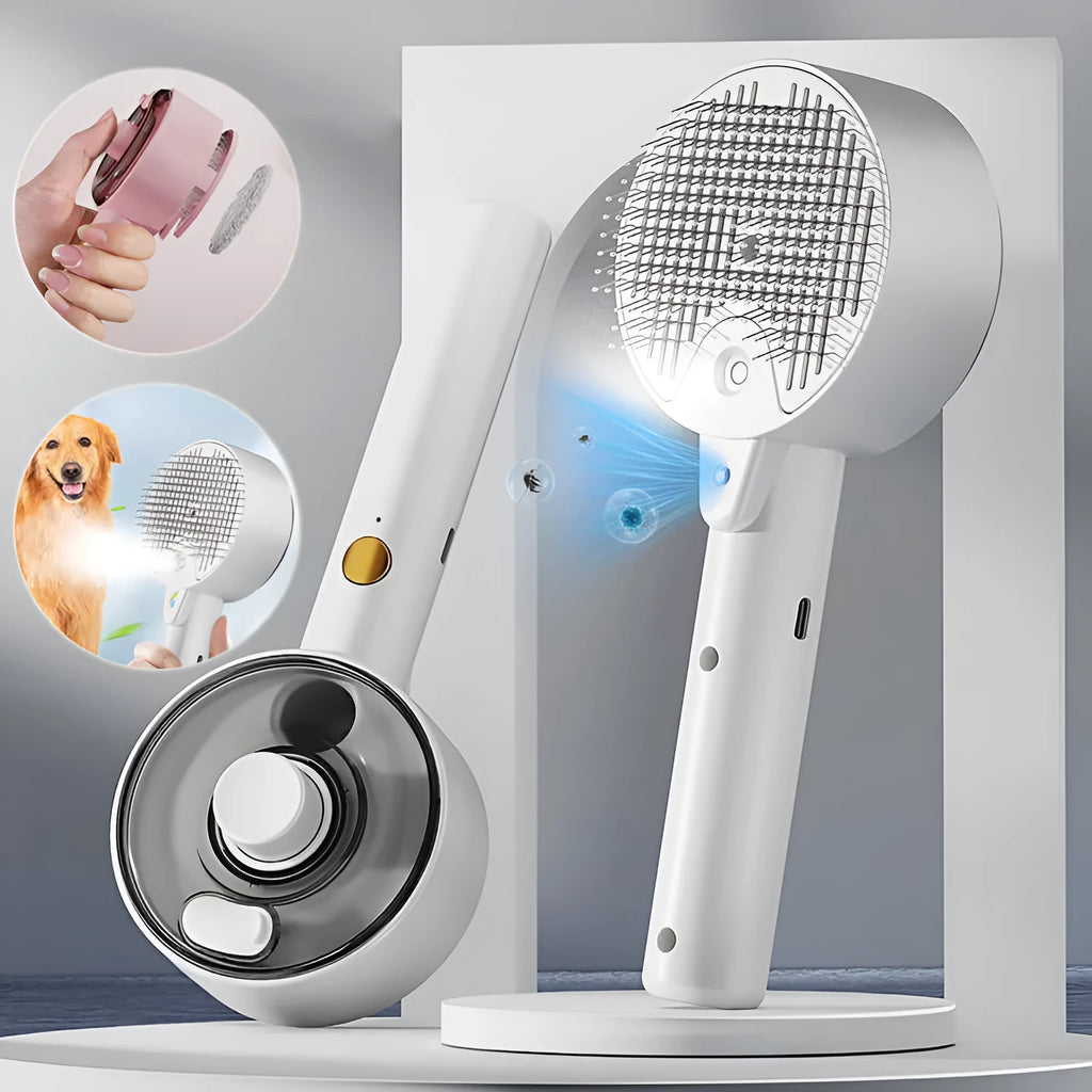 Ceramic white pet grooming brush with spray mist function and blue UV light for dogs and cats