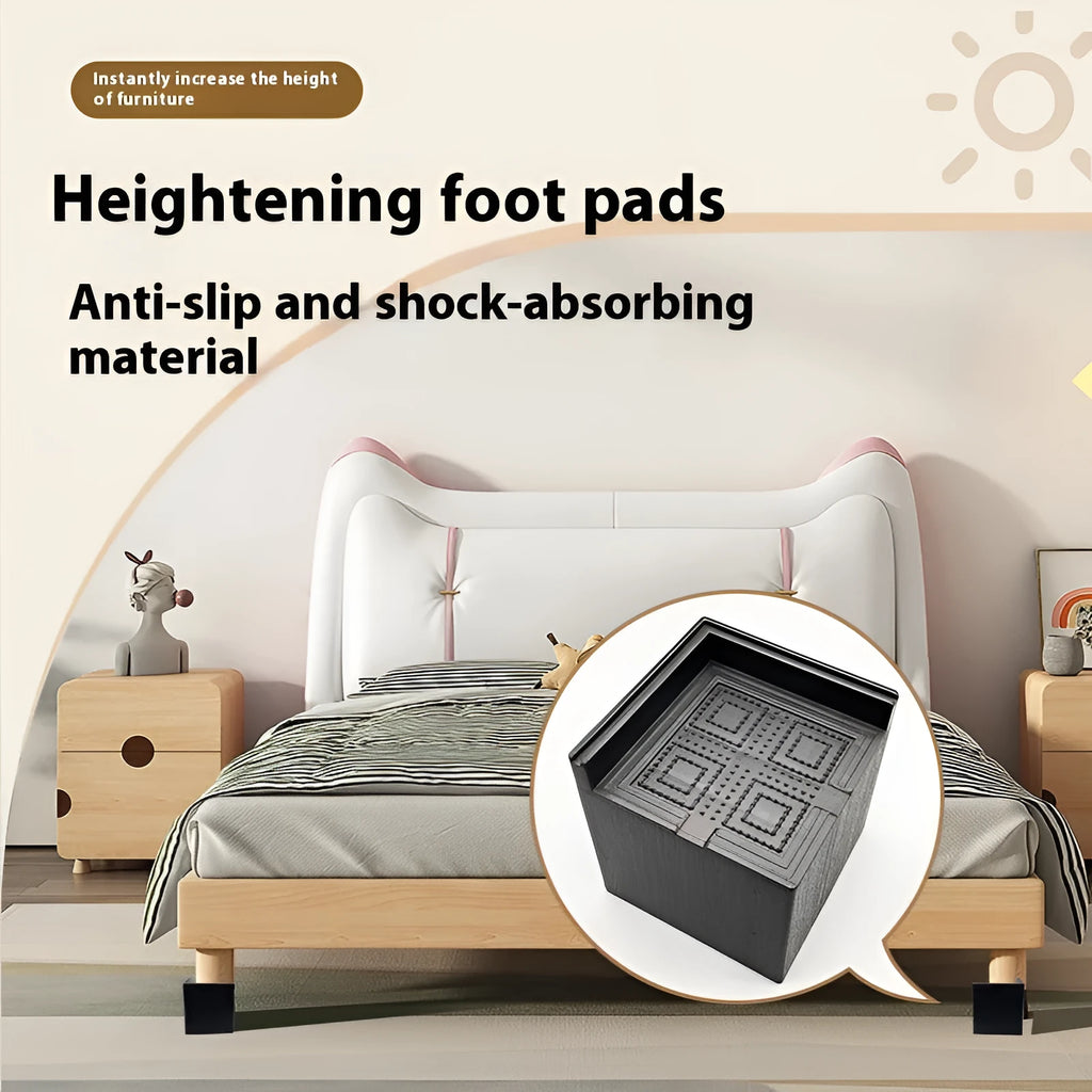 Set of four black thickened plastic bed foot mats for furniture height adjustment.