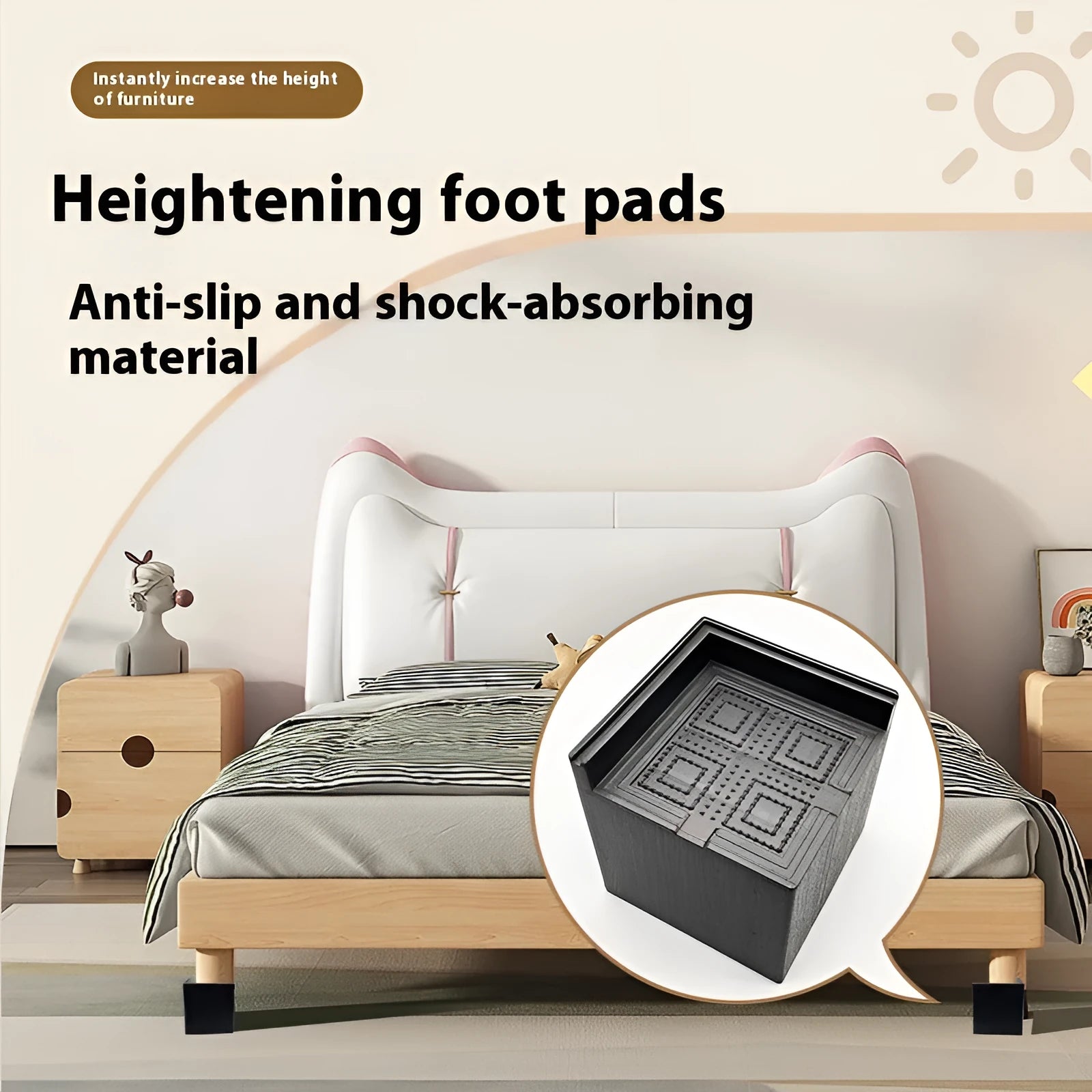 Set of four black thickened plastic bed foot mats for furniture height adjustment.