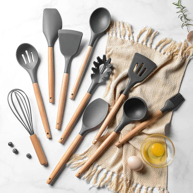 12-piece non-stick silicone kitchenware set with wooden handles in modern simplicity design, various colour box packaging options