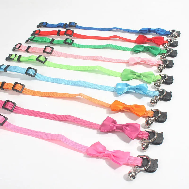 Adjustable nylon cat bow collar with bell in striped pattern, multiple colour options