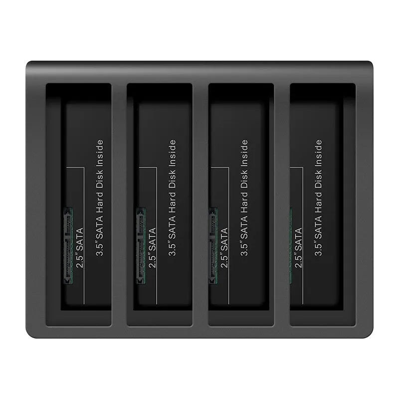 Four-bay external hard drive enclosure for 2.5-inch drives with cables and brackets