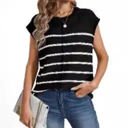 Women's striped sleeveless pullover vest in acrylic fabric showing bone stitching detail.