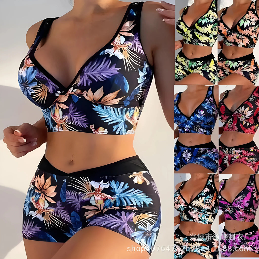 Women's printed polyester two-piece swimsuit with boxer shorts and sleeveless top