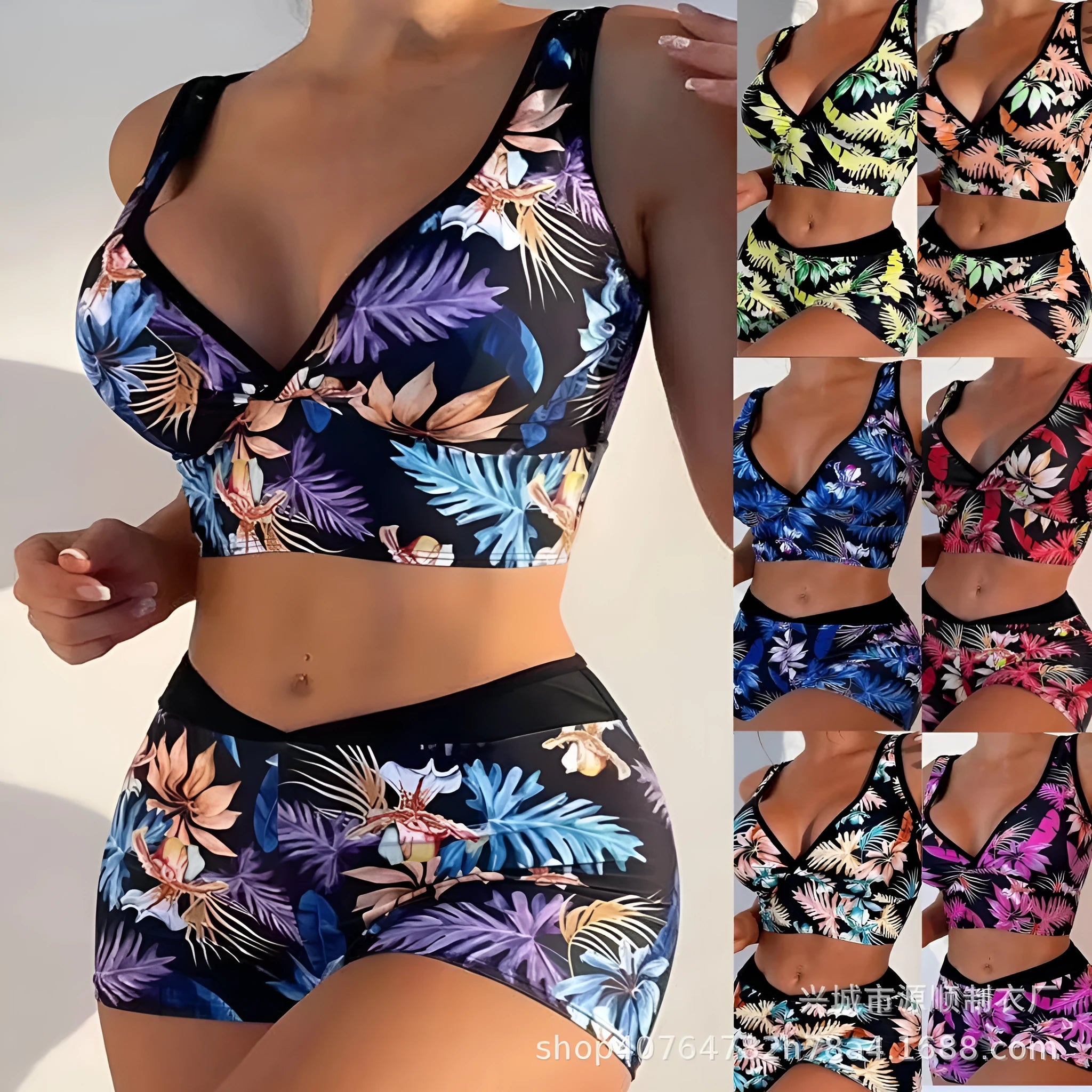 Women's printed polyester two-piece swimsuit with boxer shorts and sleeveless top