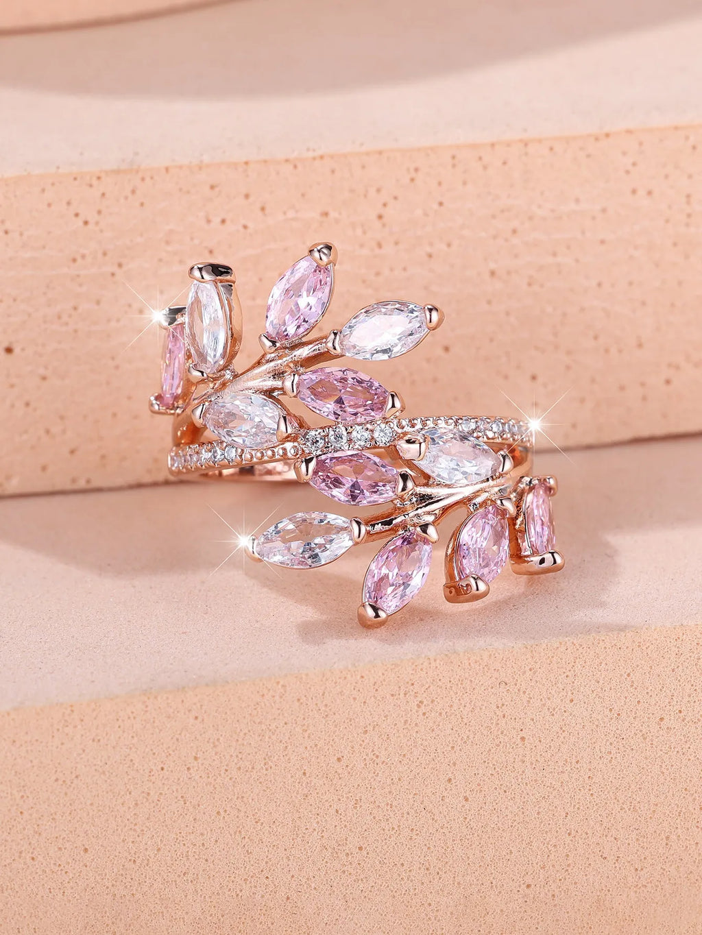 Adjustable copper leaf-shaped ring with zircon stones in multiple colour finish options