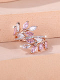 Adjustable copper leaf-shaped ring with zircon stones in multiple colour finish options