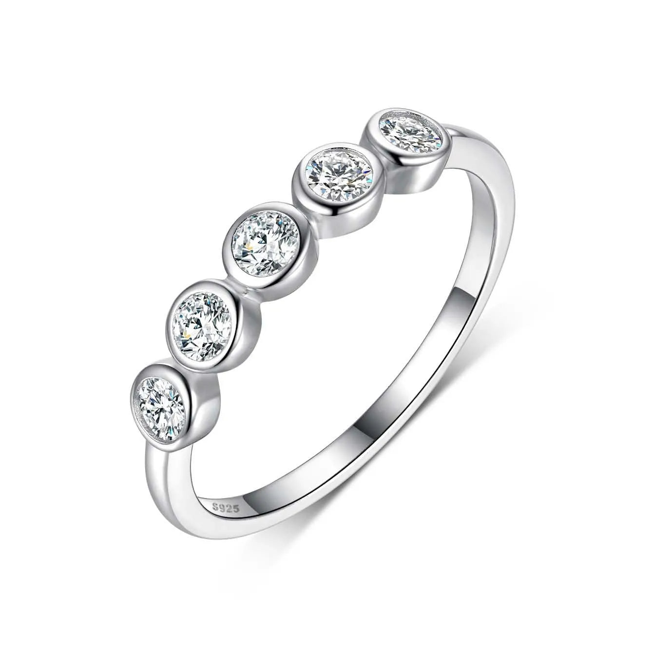 925 silver round moissanite ring with white gold electroplated finish on a geometric band, available in sizes 5 to 9