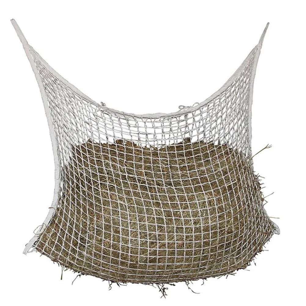 Black woven grid hanging feeding bag for horses and cattle, showing the PE rope construction.