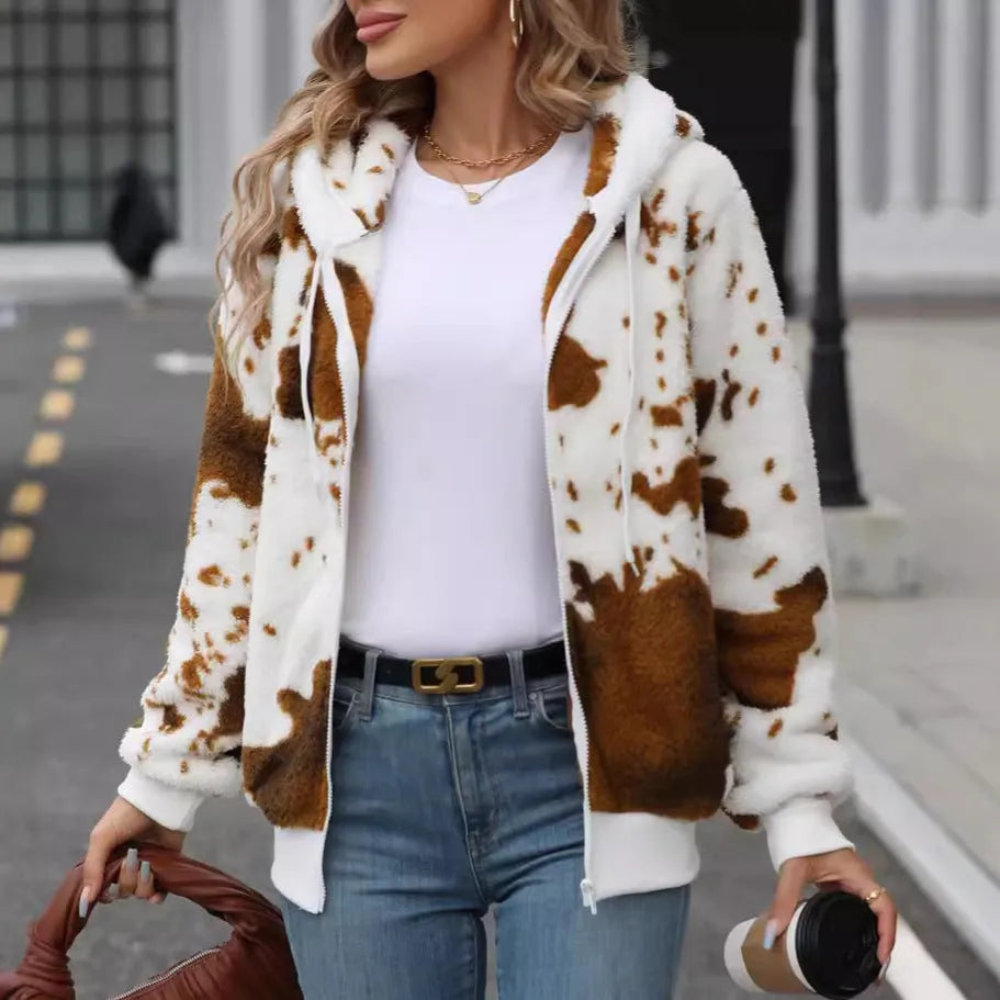 Yellow brown cow print hooded cardigan jacket with zipper front closure