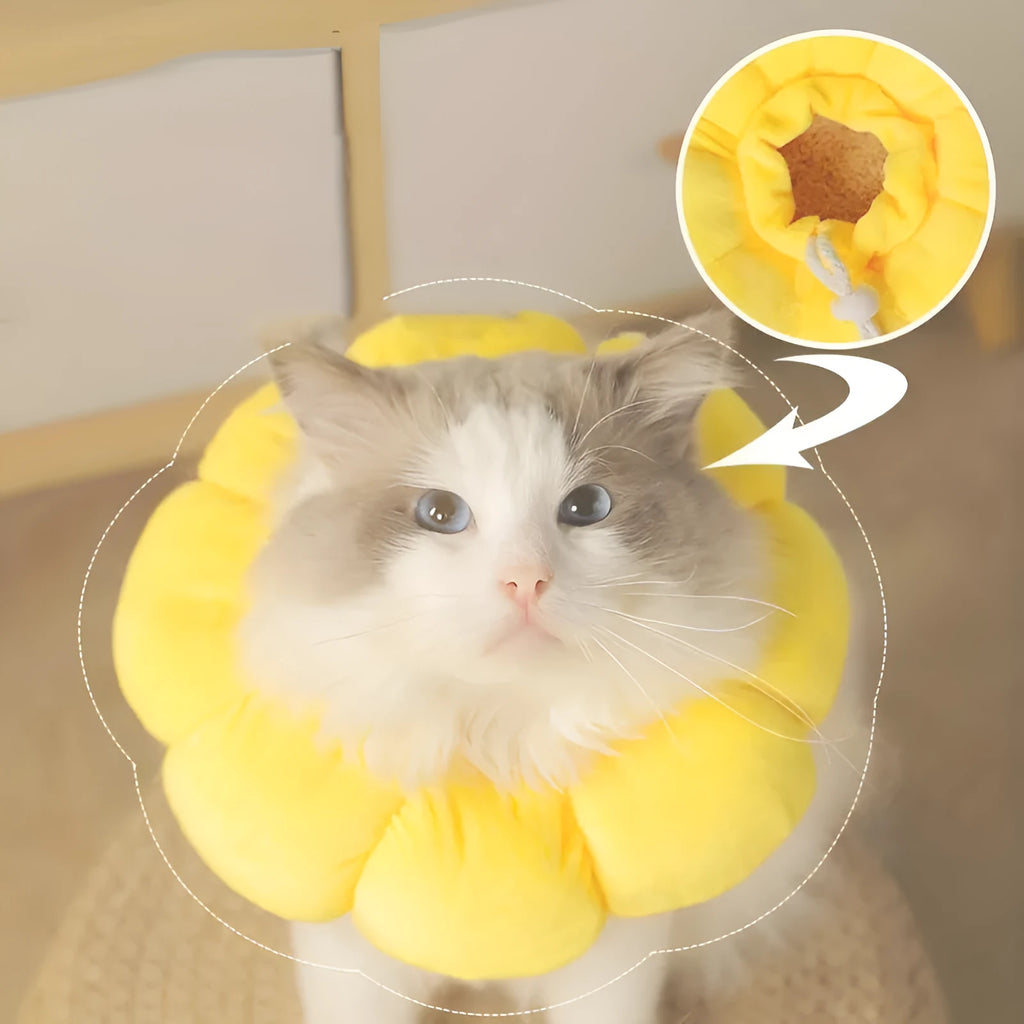 Cute sunflower-shaped adjustable recovery collar for small pets, soft cotton material