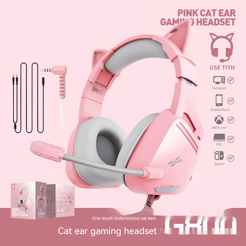 Headworn wired earphones with 50mm driver and line control, pink plextone finish, braided cable, L-shaped 3.5mm plug