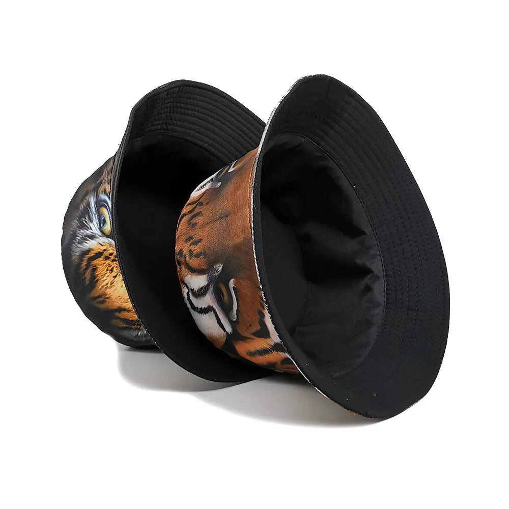 Tiger pattern bucket hat in khaki or black colour with dome crown, M size fits 56-58cm
