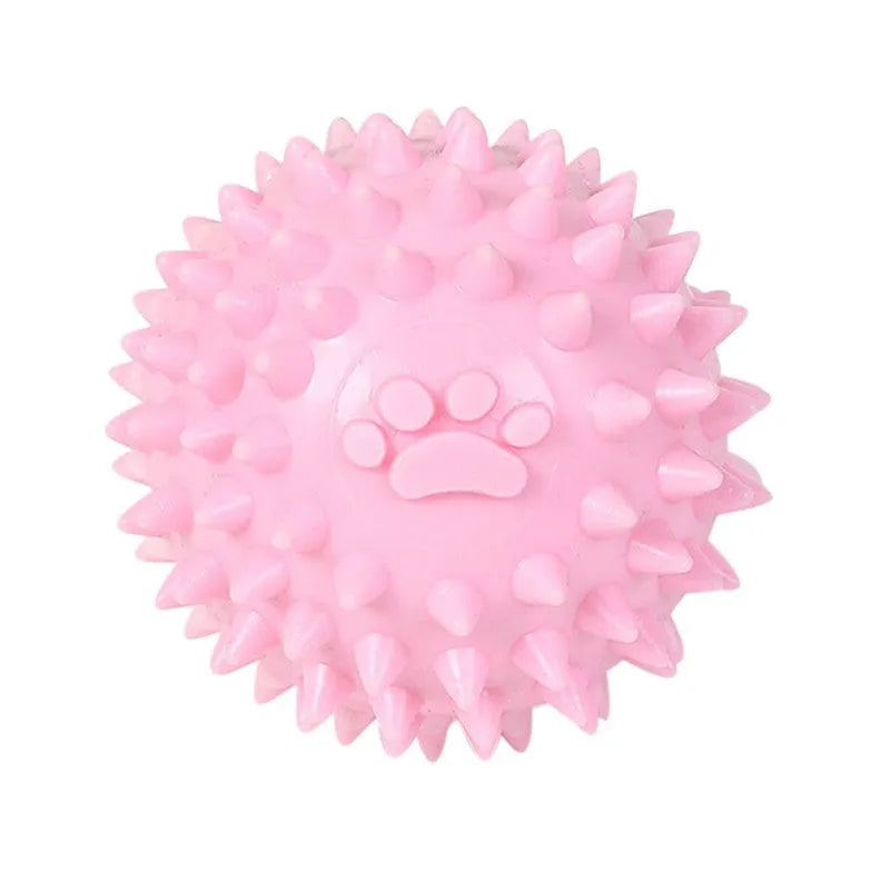 Blue TPR dog chew ball with footprint texture, 6cm diameter, for tooth cleaning and play.