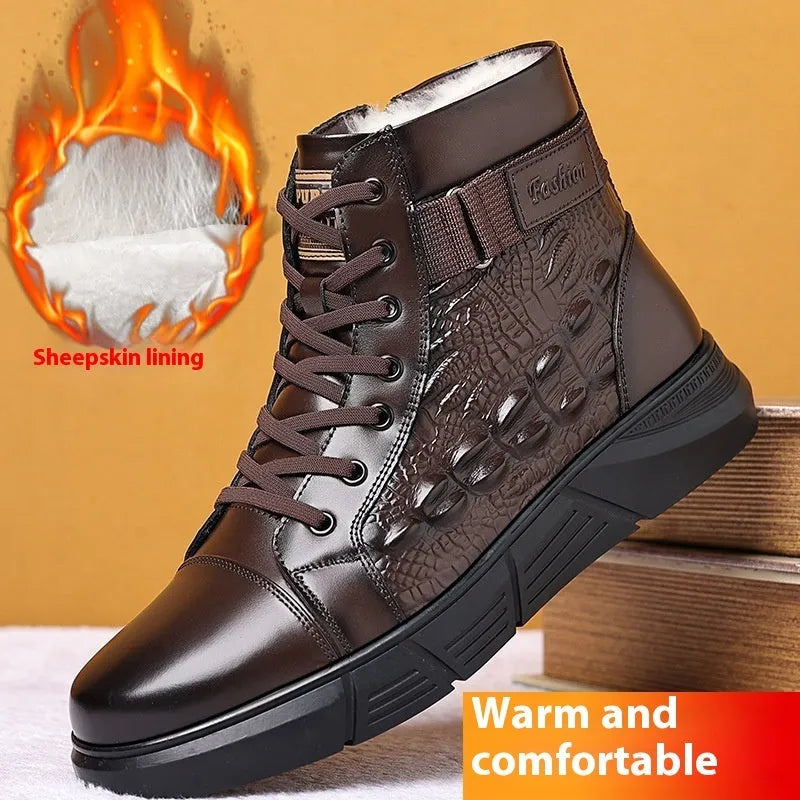 Women's black fur-lined genuine leather snow boots with rubber sole and front laces.