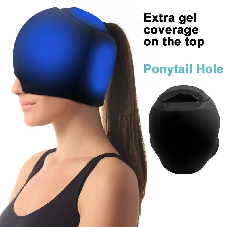 Simple solid colour cold compress cap in black, shown fully enclosing a head.