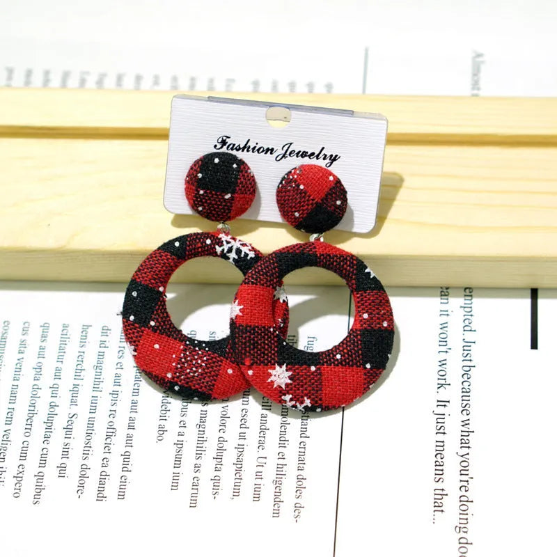 Round geometric snowflake cloth Christmas earrings 4cm diameter handmade festive jewellery