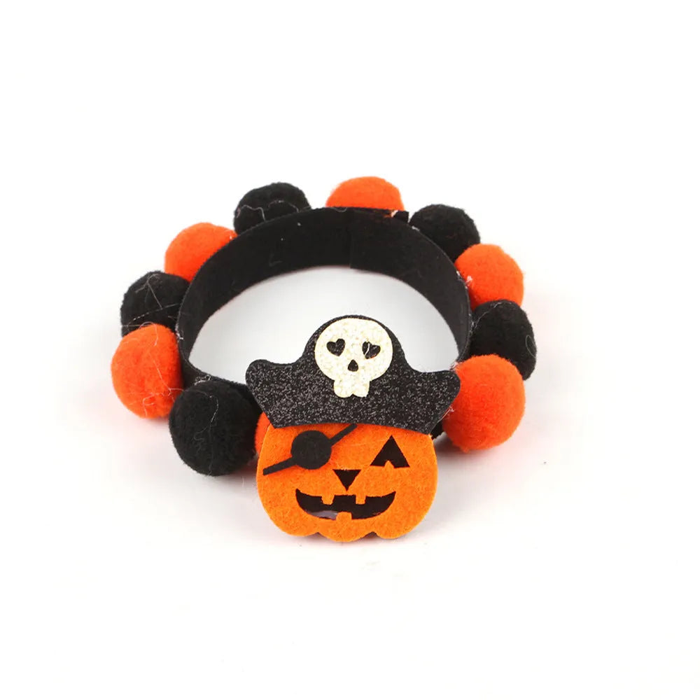 Halloween pet collar with fur ball decoration in pumpkin design available in S, M, L sizes