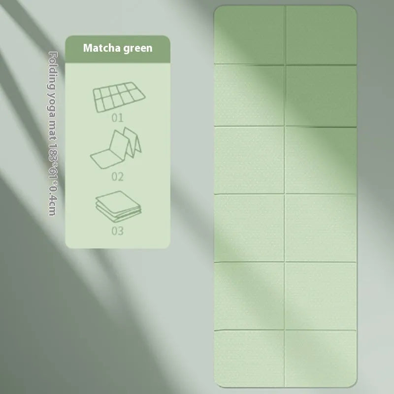 Blue folded TPE gymnastic mat showing its 6-fold portable design next to a measuring tape.