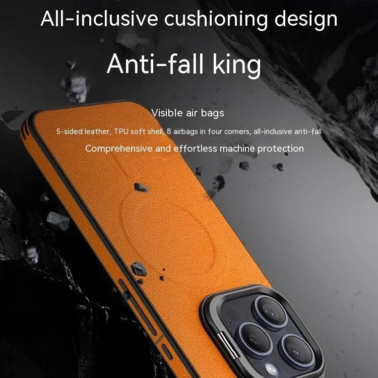 Leather invisible bracket magnetic phone case for iPhone 15, satin black, all-inclusive drop-resistant design