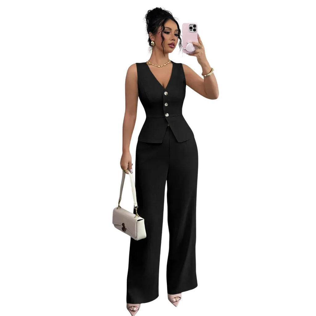 Women's black sleeveless vest and high waist trousers two-piece casual set