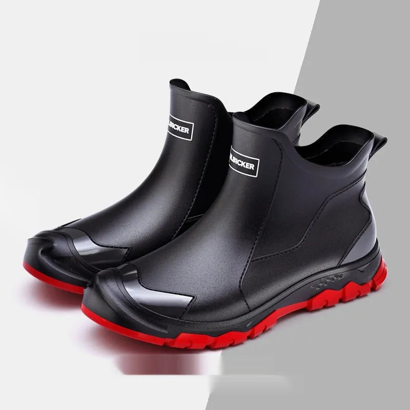 Short tube Korean style PVC rain boots with plastic soles in beige, black, and black-red colours.