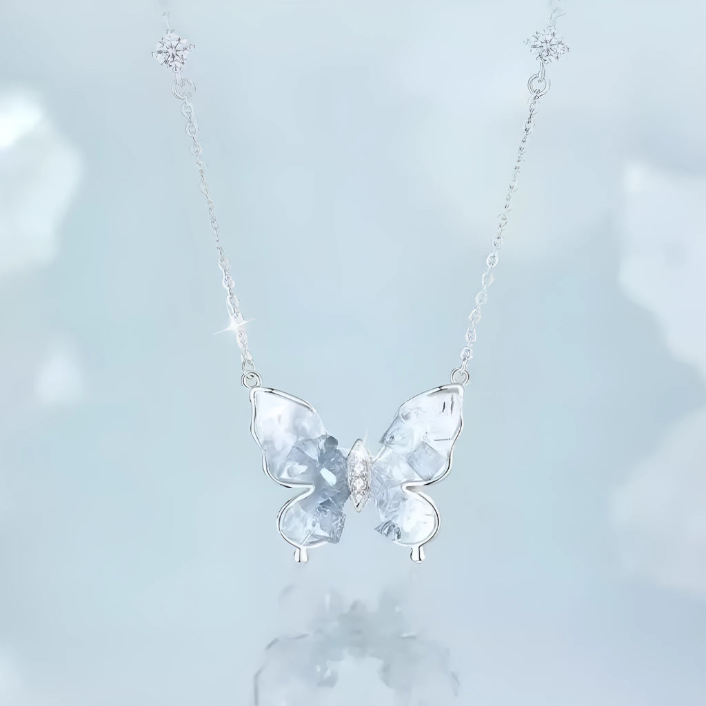 S925 silver butterfly necklace with ice rain pendant on an adjustable 41-50cm O-ring chain.