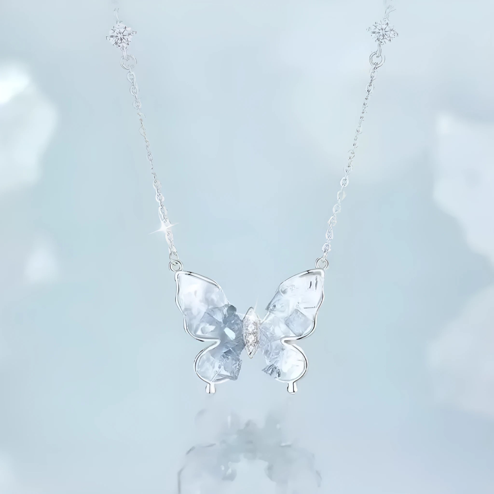S925 silver butterfly necklace with ice rain pendant on an adjustable 41-50cm O-ring chain.