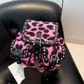 Leopard print flip backpack in urban simplicity style, available in Black, Brown, Khaki, Rose Red, with PU construction and polyester lining