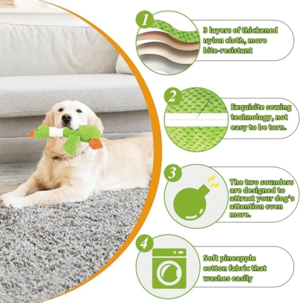 Blue green or grey durable plush duck dog toy with squeaker for chewing and play.