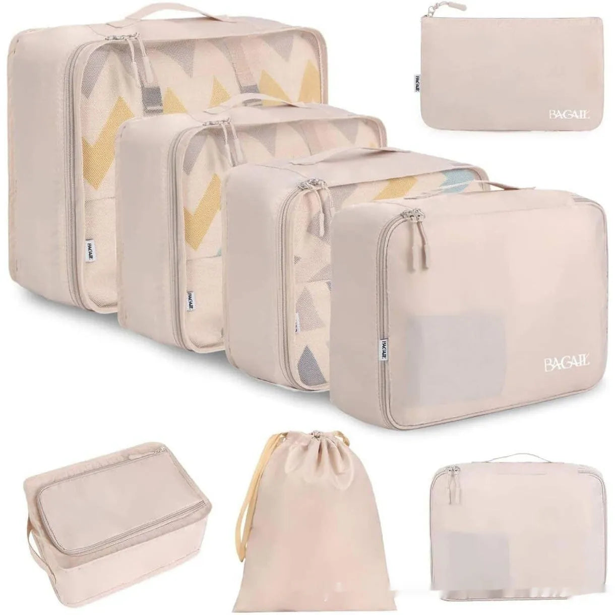 Set of eight cubic-shaped travel packing bags in assorted colours including beige, black, pink, and leopard print patterns.