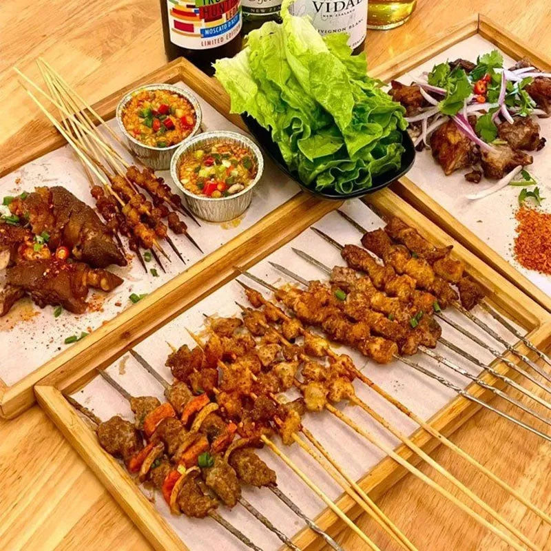 Square bamboo barbecue tray with brown handles in medium and small sizes