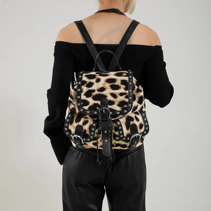Leopard print flip backpack in urban simplicity style, available in Black, Brown, Khaki, Rose Red, with PU construction and polyester lining