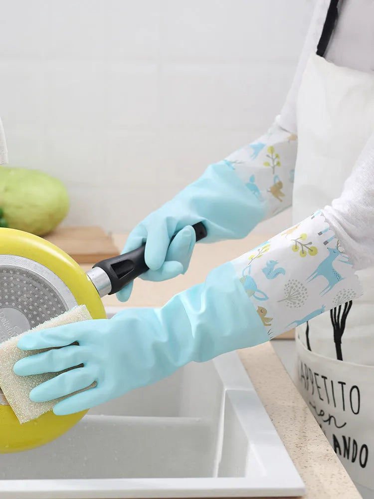PVC waterproof cleaning gloves in Nordic blue with drawstring single layer collar