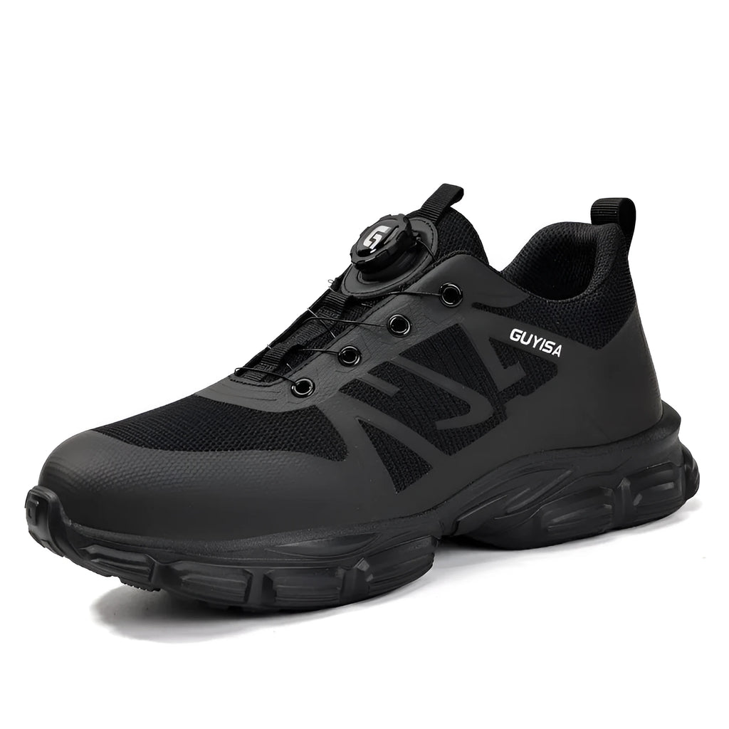 Black lightweight safety shoes with Flyknit fabric upper, steel toe cap, and TPU outsole