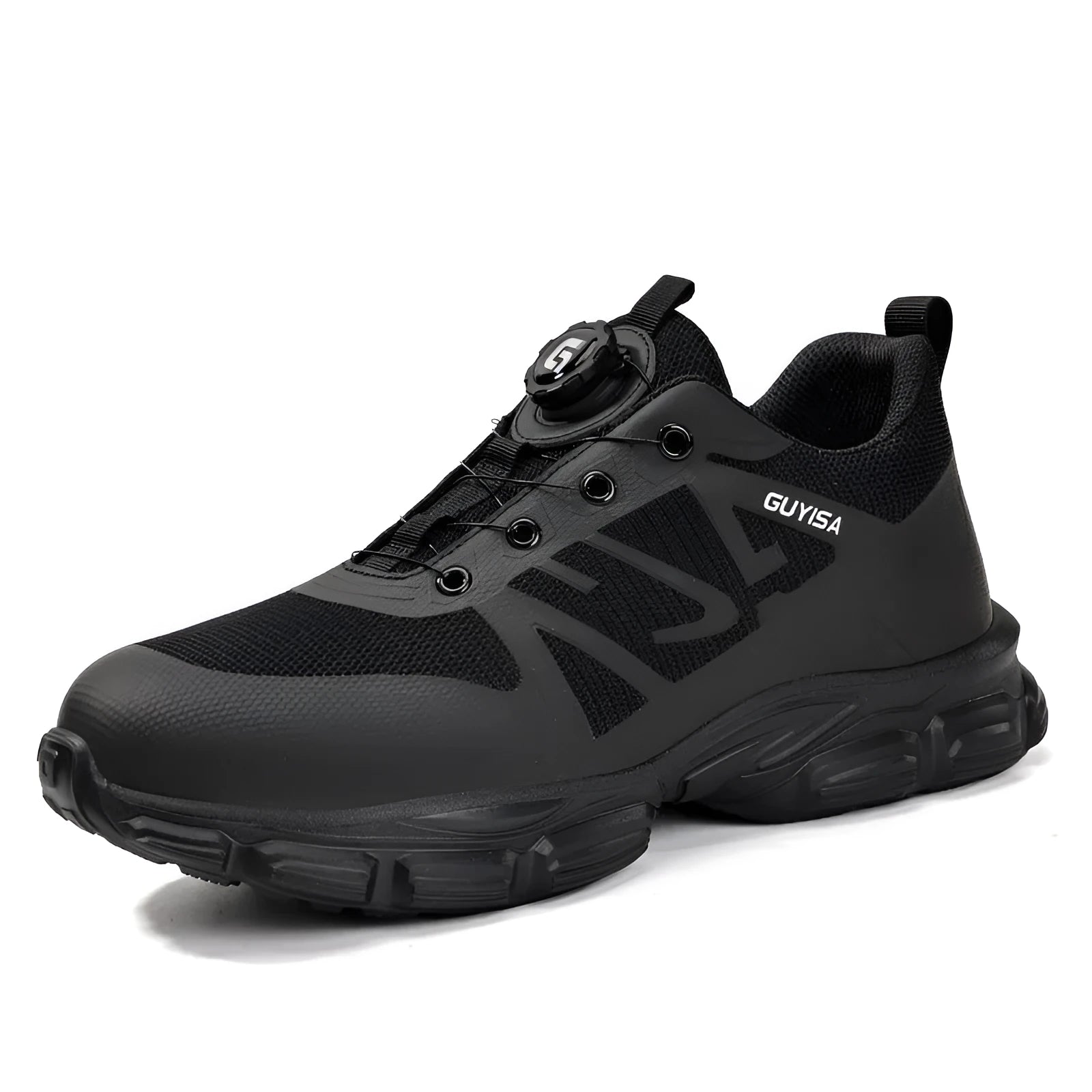 Black lightweight safety shoes with Flyknit fabric upper, steel toe cap, and TPU outsole