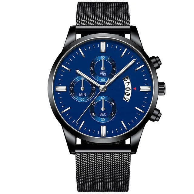 Men's stainless steel mesh band quartz watch showing analog display and two-tone colour options.
