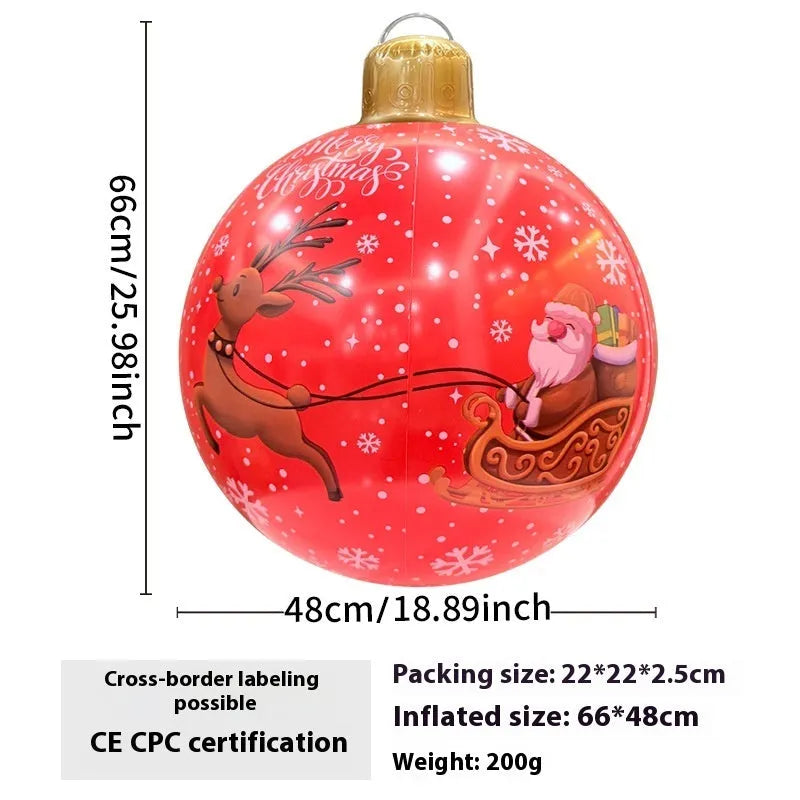 Large red inflatable Christmas ball with flash lights, shown with manual pump, for garden decoration.