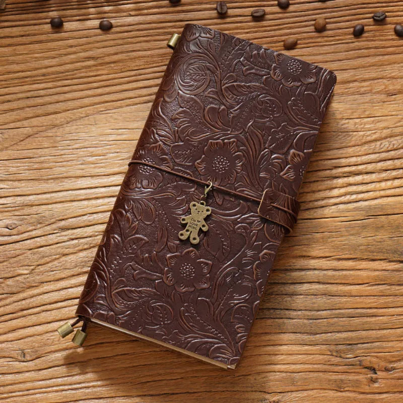 Creative vintage engraving cowhide travel notepad in black A5 size with genuine leather cover