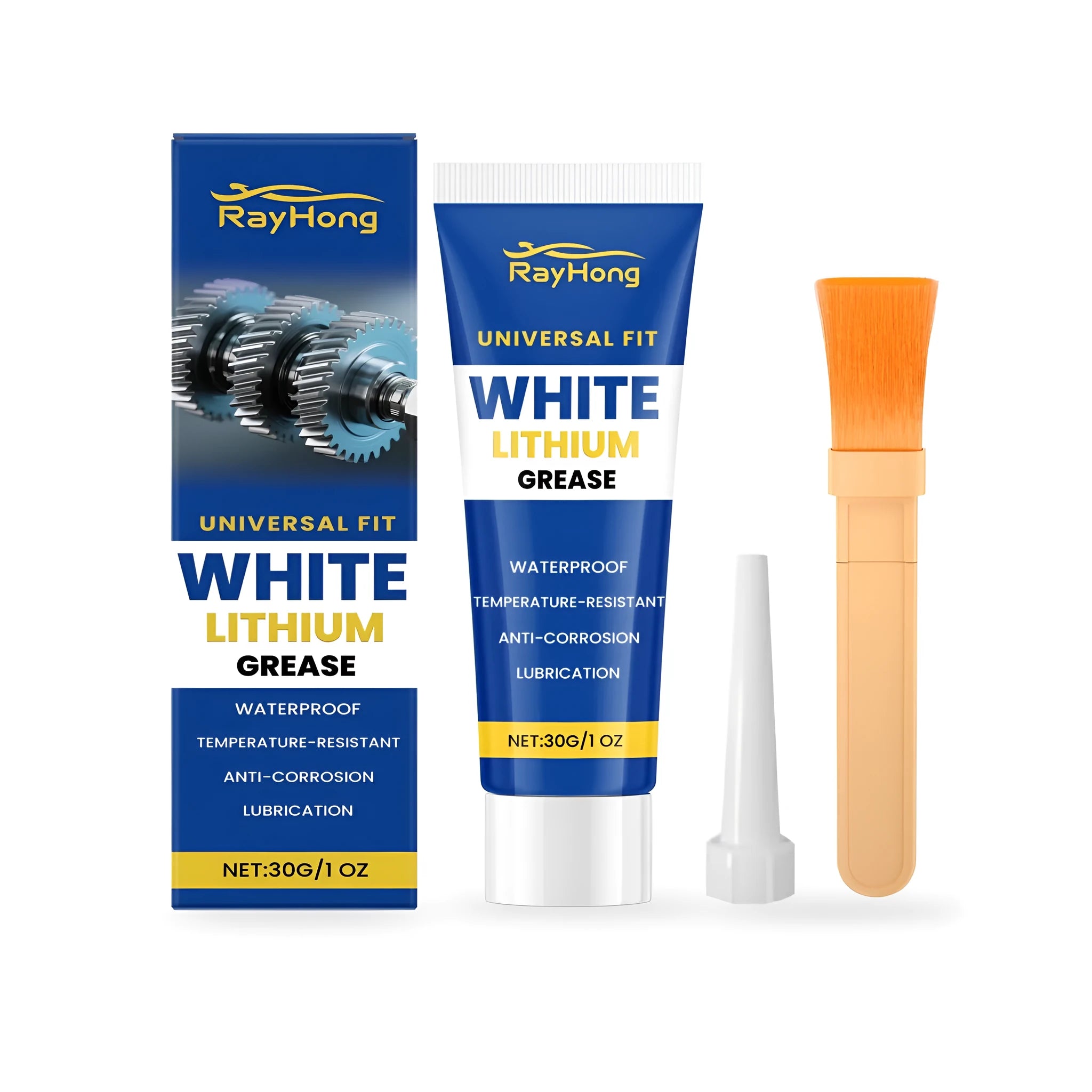 30g tube of white lithium grease with a brush and fine-tip applicator nozzle for metal part maintenance.