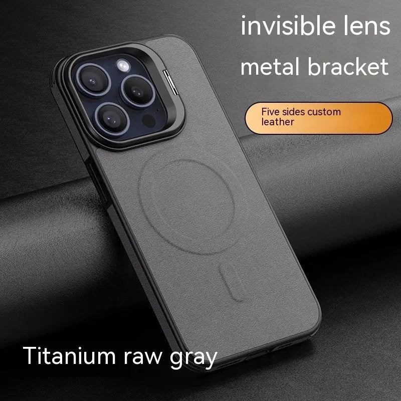 Leather invisible bracket magnetic phone case for iPhone 15, satin black, all-inclusive drop-resistant design