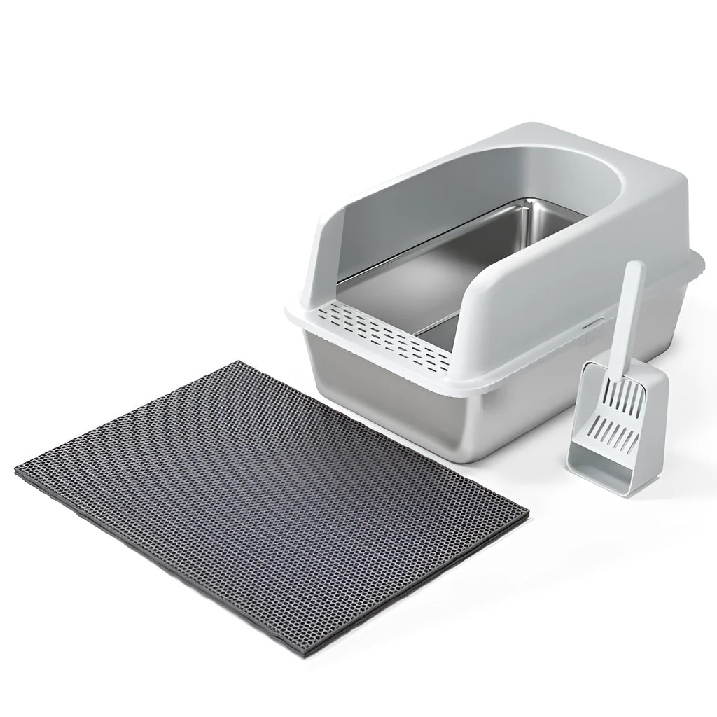 Stainless steel cat litter box with double-layer pad and scoop in dark gray colour