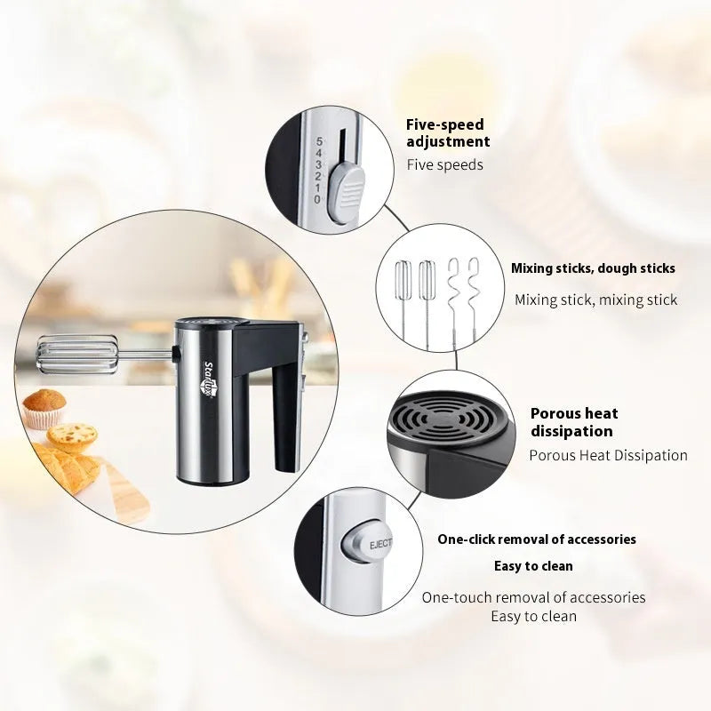 Hand-held electric whisk mixer with five speed settings for baking tasks