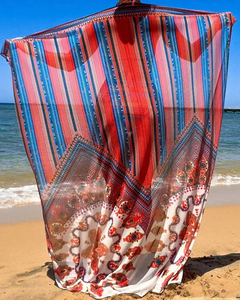 Women's three-piece swimsuit set showing high-waist briefs, sleeveless cutout blouse, and matching coat in picture colour