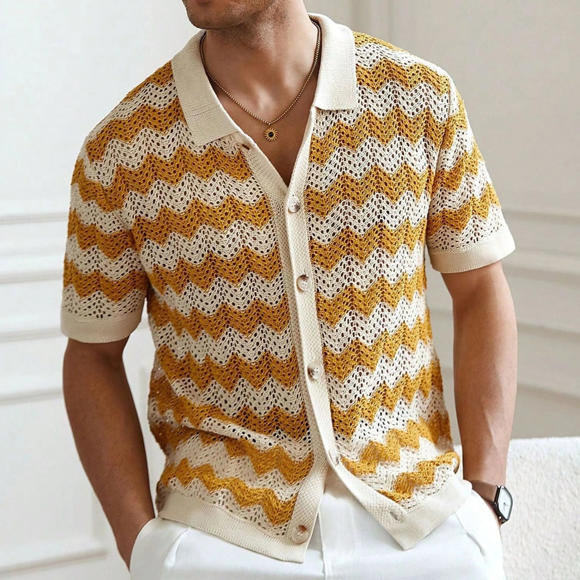 Short sleeve summer sweater with hollow jacquard corrugated flocking design in Tencel fabric