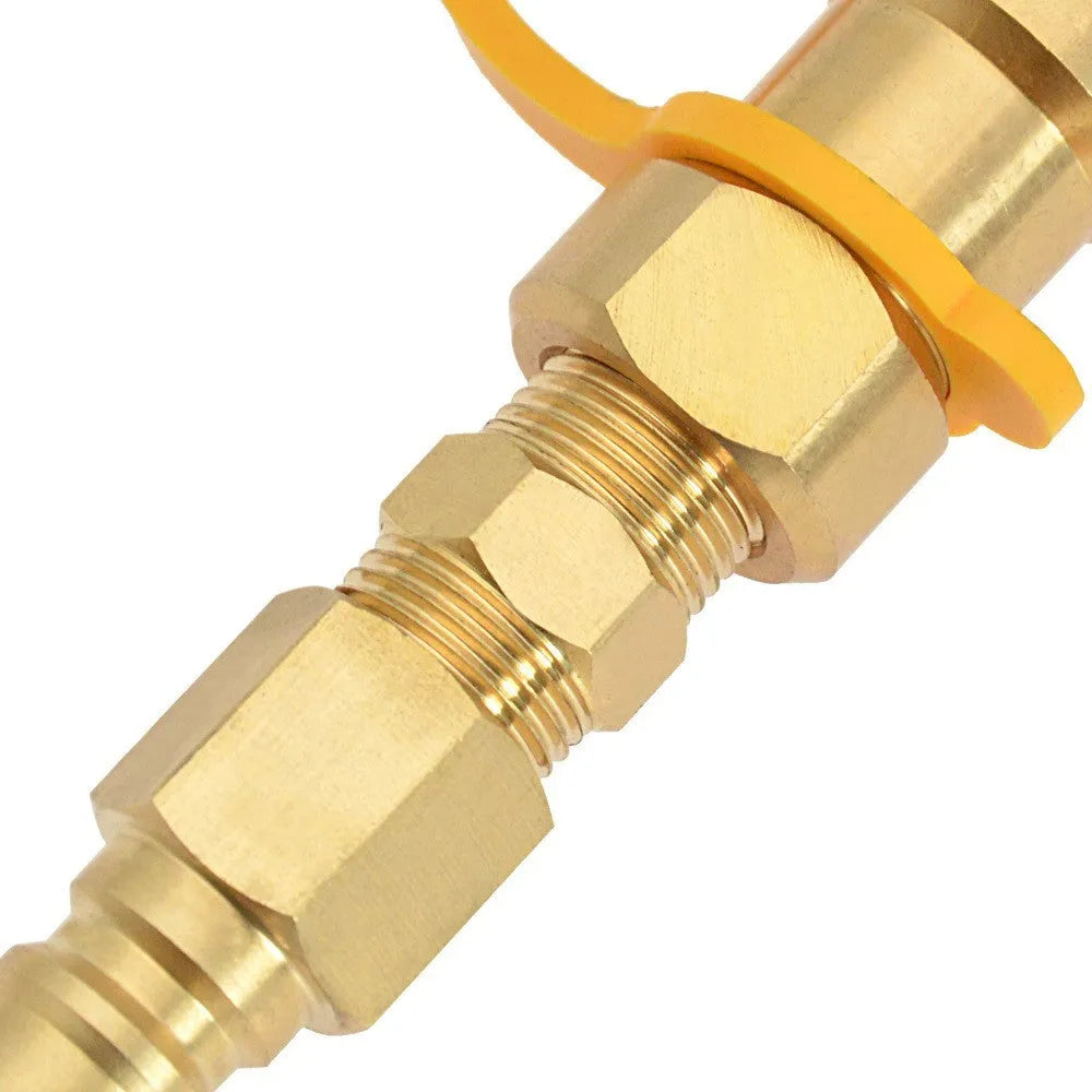Solid brass propane gas tank charging connector with 3/8 inch US standard threads.