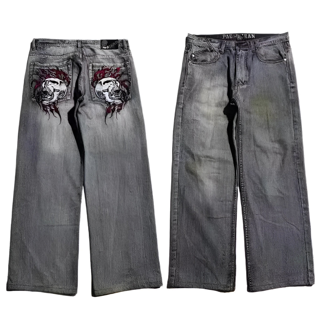 Men's grey wide-leg jeans with washed-out retro workwear design and straight-leg silhouette