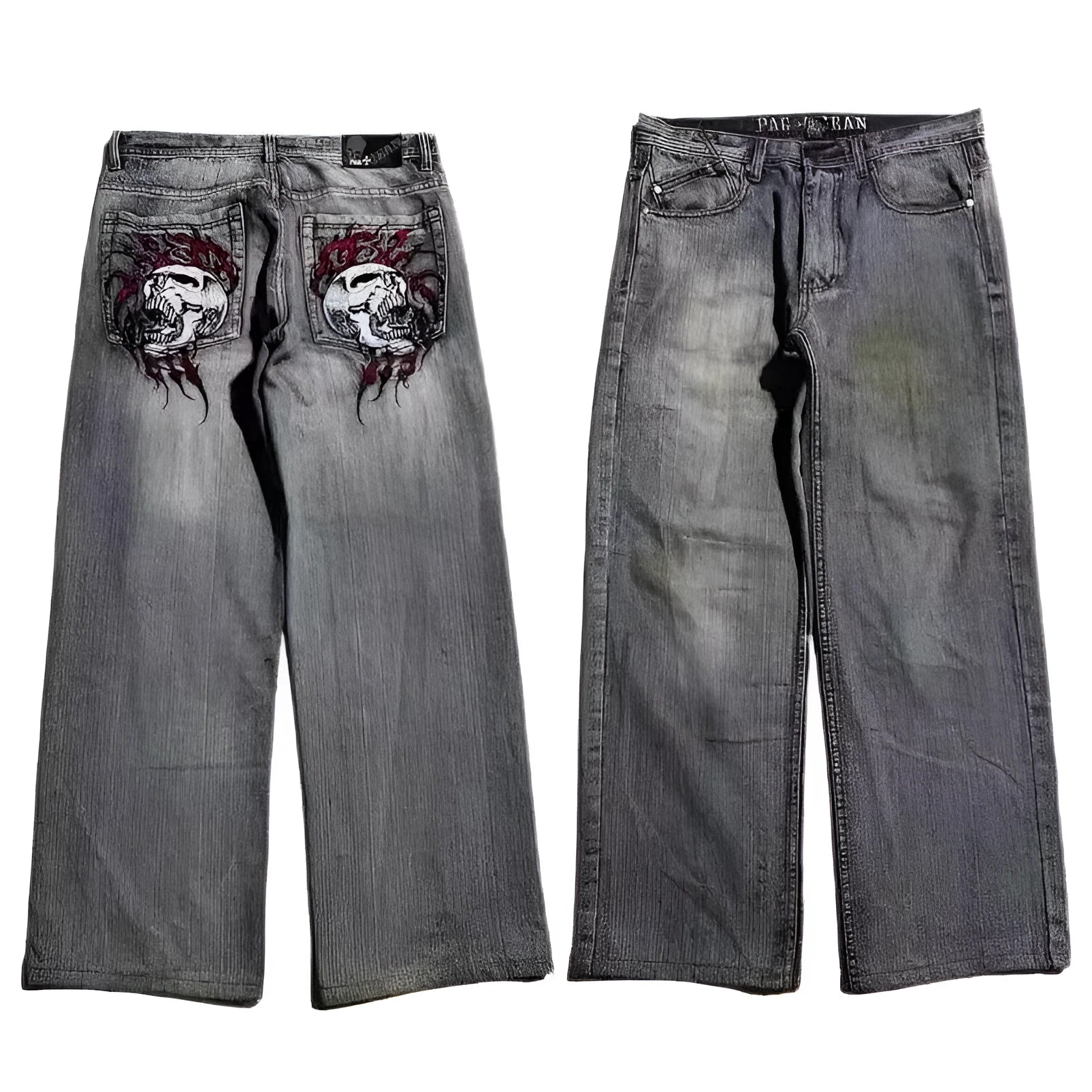 Men's grey wide-leg jeans with washed-out retro workwear design and straight-leg silhouette